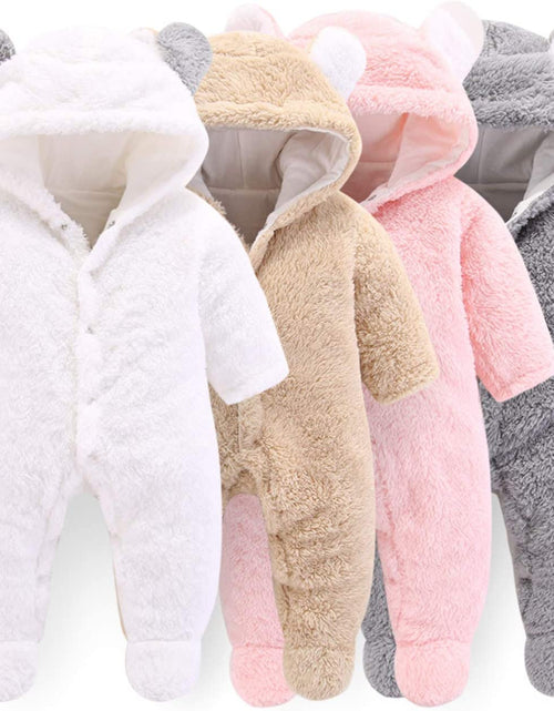 Load image into Gallery viewer, Newborn Baby Cartoon Bear Snowsuit Warm Fleece Hooded Romper Jumpsuit
