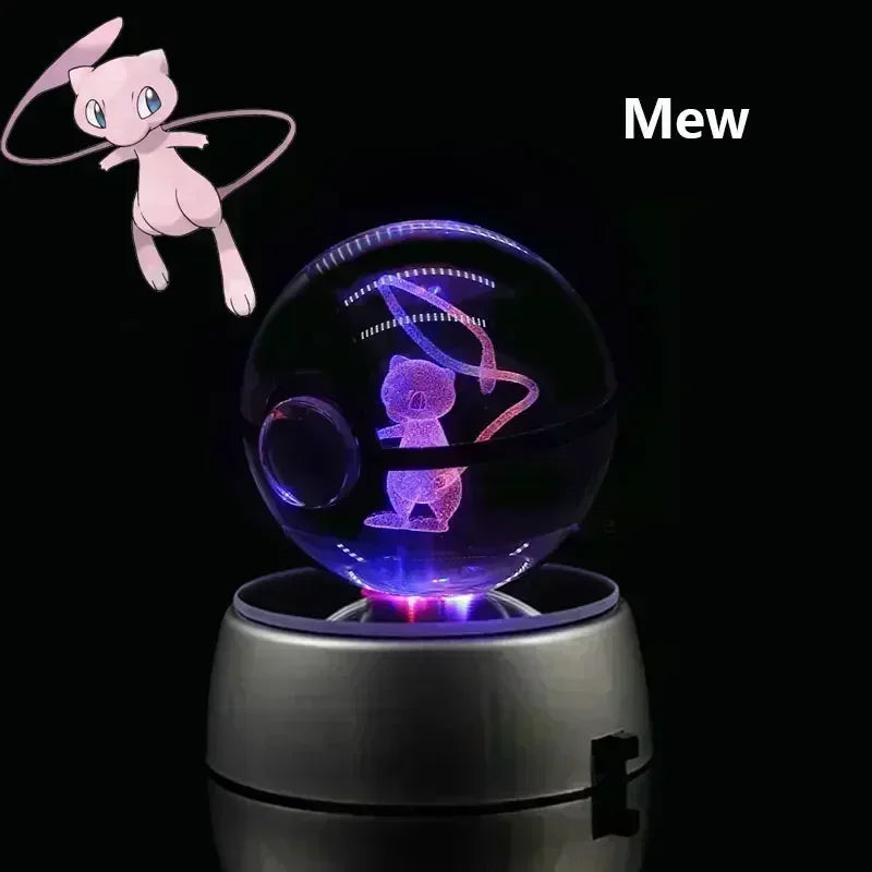 Pokemon Crystal Ball 3D Toys Snorlax Mewtwo Pikachu Figures Pokémon Engraving Model with LED Light Base Kids Gift Collectable