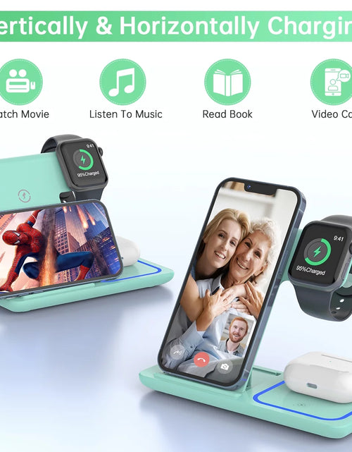 Load image into Gallery viewer, Wireless Charging Station, 2023 Upgraded 18W 3 in 1 Wireless Charger Stand for Iphone 15/14/13/12/11 Pro/Xs, Airpods 3/2/1/Pro, Iwatch Series 8/7/6/5/4/3,Samsung Phones(Green)
