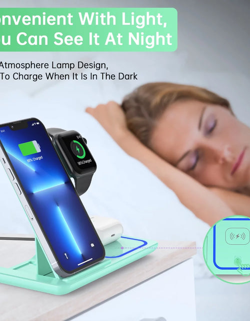 Load image into Gallery viewer, Wireless Charging Station, 2023 Upgraded 18W 3 in 1 Wireless Charger Stand for Iphone 15/14/13/12/11 Pro/Xs, Airpods 3/2/1/Pro, Iwatch Series 8/7/6/5/4/3,Samsung Phones(Green)
