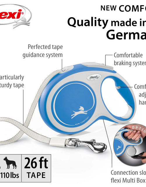 Load image into Gallery viewer, New Comfort Large Tape Retractable Dog Leash, 26 Ft, Blue (For Dogs up to 110 Lbs)
