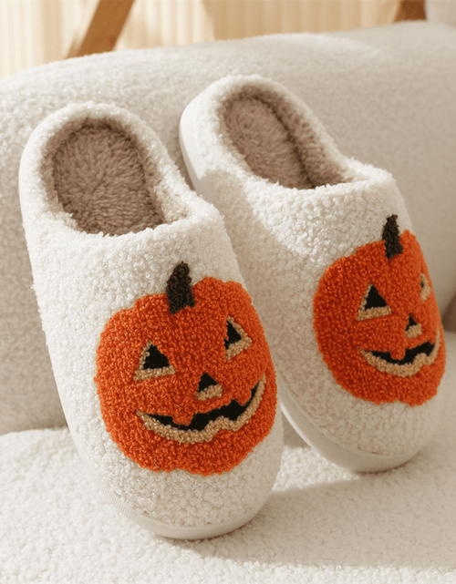 Load image into Gallery viewer, Cute Halloween Slippers for Women Perfect Soft Plush Comfy Warm Slip-On Halloween Pumpkin Bat Slippers Fo Women Indoor Fluffy House Slippers for Women and Men Non-Slip Fuzzy Flat Slides
