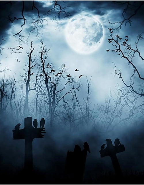 Load image into Gallery viewer, 7X5Ft Vinyl Halloween Theme Backdrop Gloomy Scene Photography Background Scary Graveyard Tombstone Scary Night Ghost Full Moon Children Baby Adults Portraits Photo Studio
