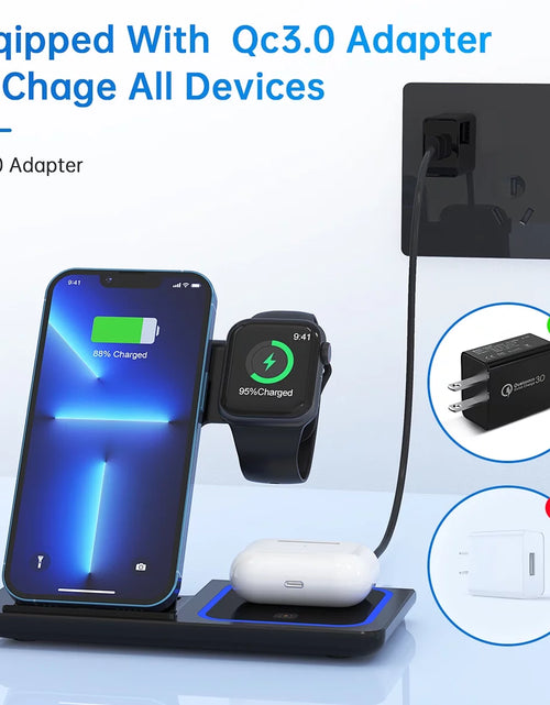 Load image into Gallery viewer, 3 in 1 Wireless Charger, 18W Fast Charger Pad Stand Charging Station Dock for Iwatch Series SE 8/7/6/5/4/3 Airpods Pro/3/2 for Iphone 15/14/13/12 /11/Pro Max/12 Mini /XR (With QC3.0 Adapter)
