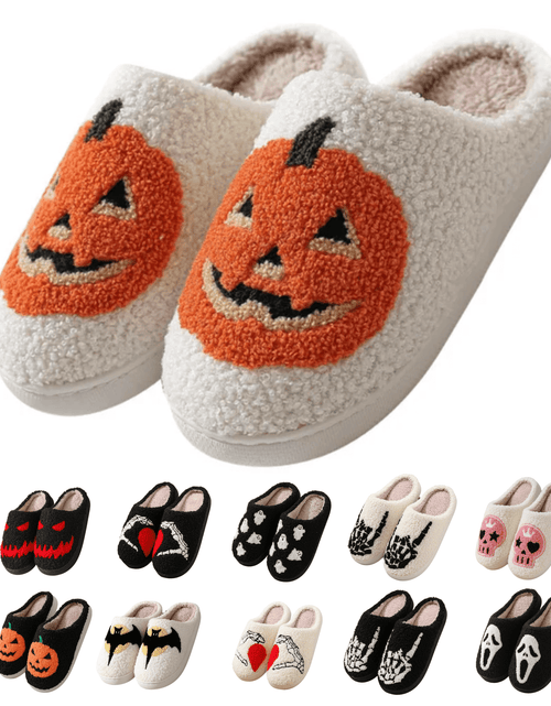 Load image into Gallery viewer, Cute Halloween Slippers for Women Perfect Soft Plush Comfy Warm Slip-On Halloween Pumpkin Bat Slippers Fo Women Indoor Fluffy House Slippers for Women and Men Non-Slip Fuzzy Flat Slides
