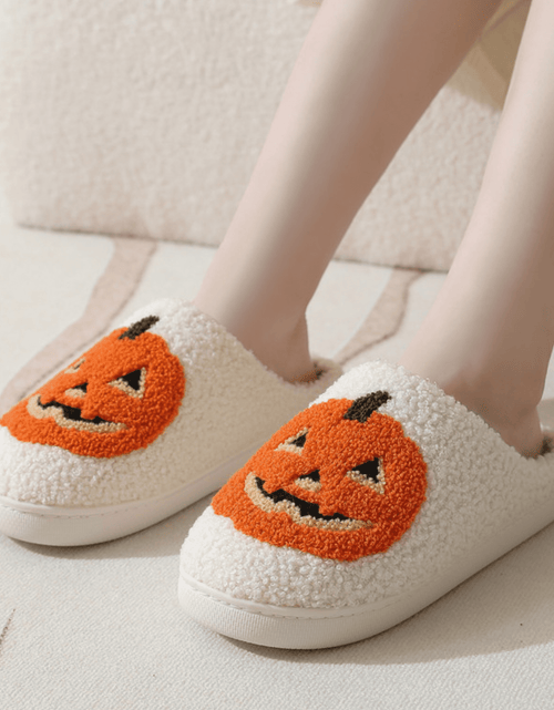 Load image into Gallery viewer, Cute Halloween Slippers for Women Perfect Soft Plush Comfy Warm Slip-On Halloween Pumpkin Bat Slippers Fo Women Indoor Fluffy House Slippers for Women and Men Non-Slip Fuzzy Flat Slides
