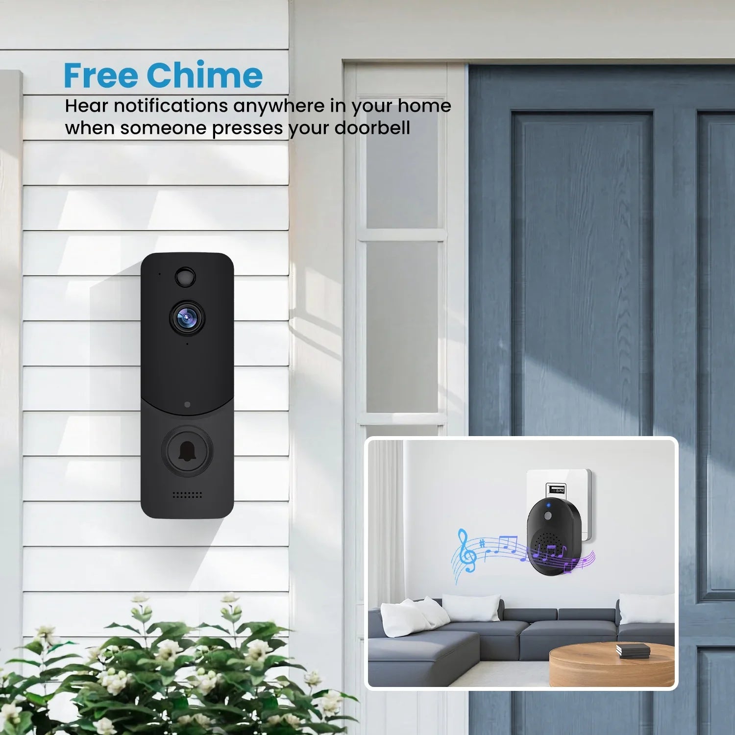 Wireless Doorbell Camera with Chime, Smart Video Doorbell Security Camera with ，Black