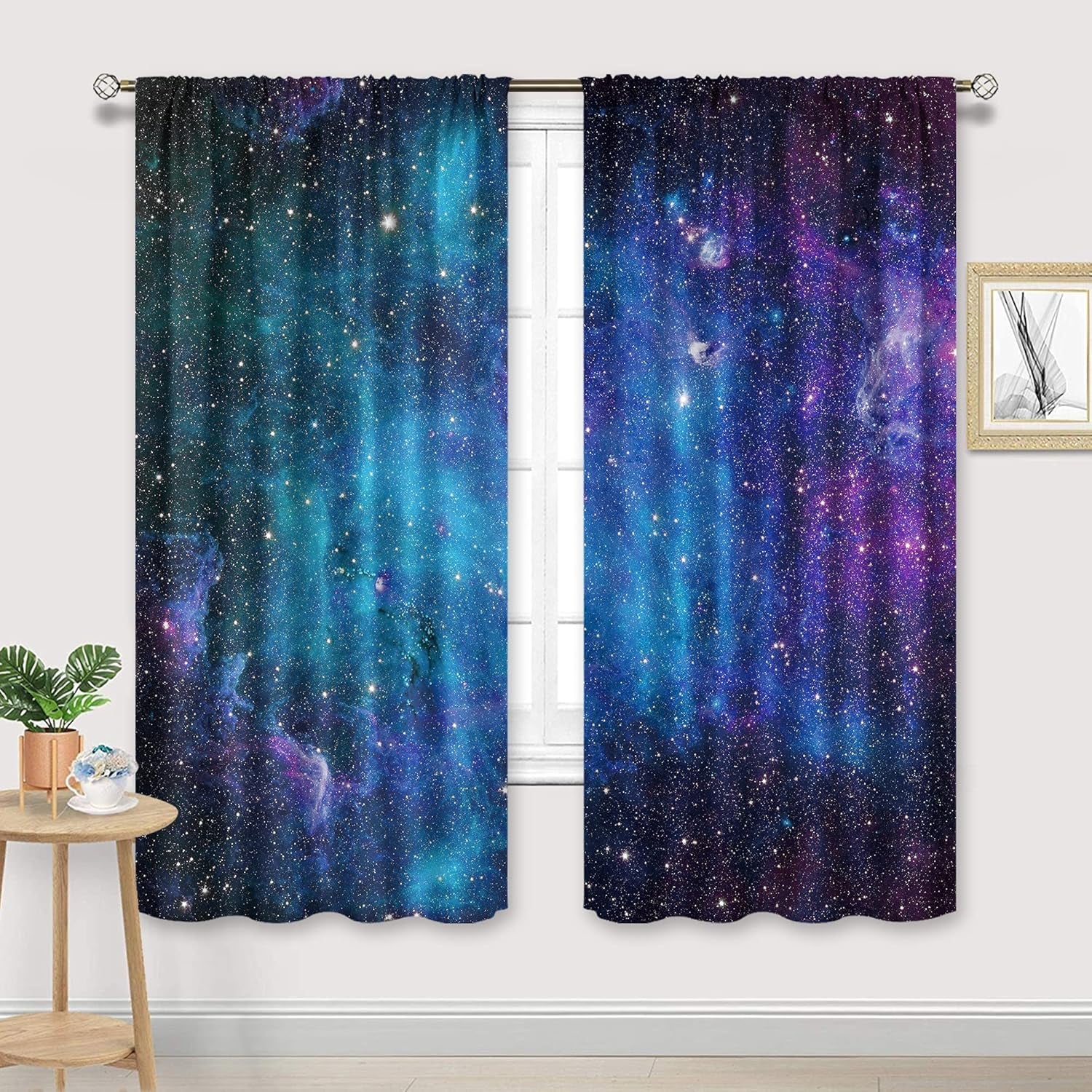 Kids Galaxy Outer Space Nebula Curtains 42W X 63L Inch Rod Pocket Blue Universe Planets Boys Girls Constellation Fantasy Starry Cosmic Trippy Bedroom Living Room Window Drapes Fabric 2 Panels