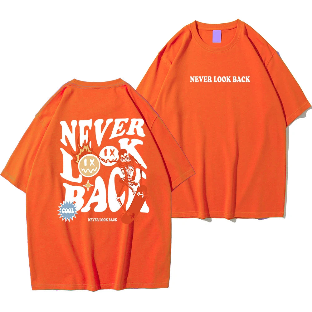 Never Look Back Creative Smile Skull Printing Cartoons Street Print Tshirt Man Loose Tee Clothes Cotton Crewneck Tops T-Shirt