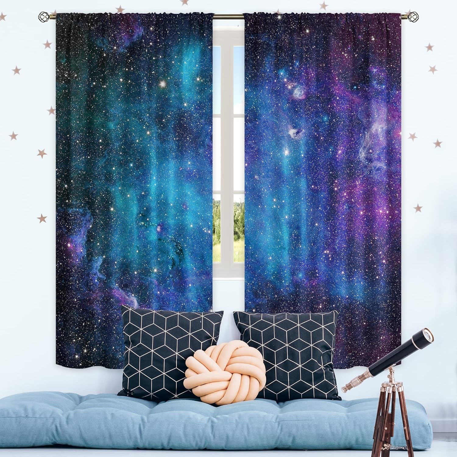 Kids Galaxy Outer Space Nebula Curtains 42W X 63L Inch Rod Pocket Blue Universe Planets Boys Girls Constellation Fantasy Starry Cosmic Trippy Bedroom Living Room Window Drapes Fabric 2 Panels