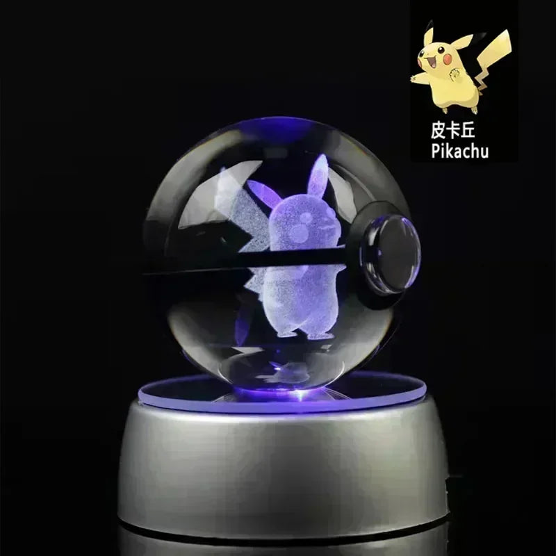 Pokemon Crystal Ball 3D Toys Snorlax Mewtwo Pikachu Figures Pokémon Engraving Model with LED Light Base Kids Gift Collectable