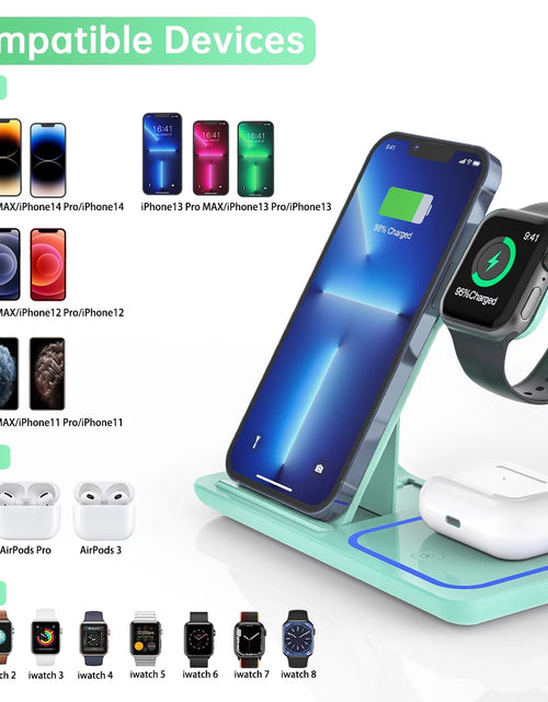 Load image into Gallery viewer, Wireless Charging Station, 2023 Upgraded 18W 3 in 1 Wireless Charger Stand for Iphone 15/14/13/12/11 Pro/Xs, Airpods 3/2/1/Pro, Iwatch Series 8/7/6/5/4/3,Samsung Phones(Green)
